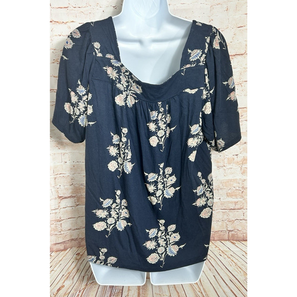 Lucky Brand Peasant Boho Top Size Large Short Sleeve Blue Floral Bohemian Blouse - Picture 3 of 4